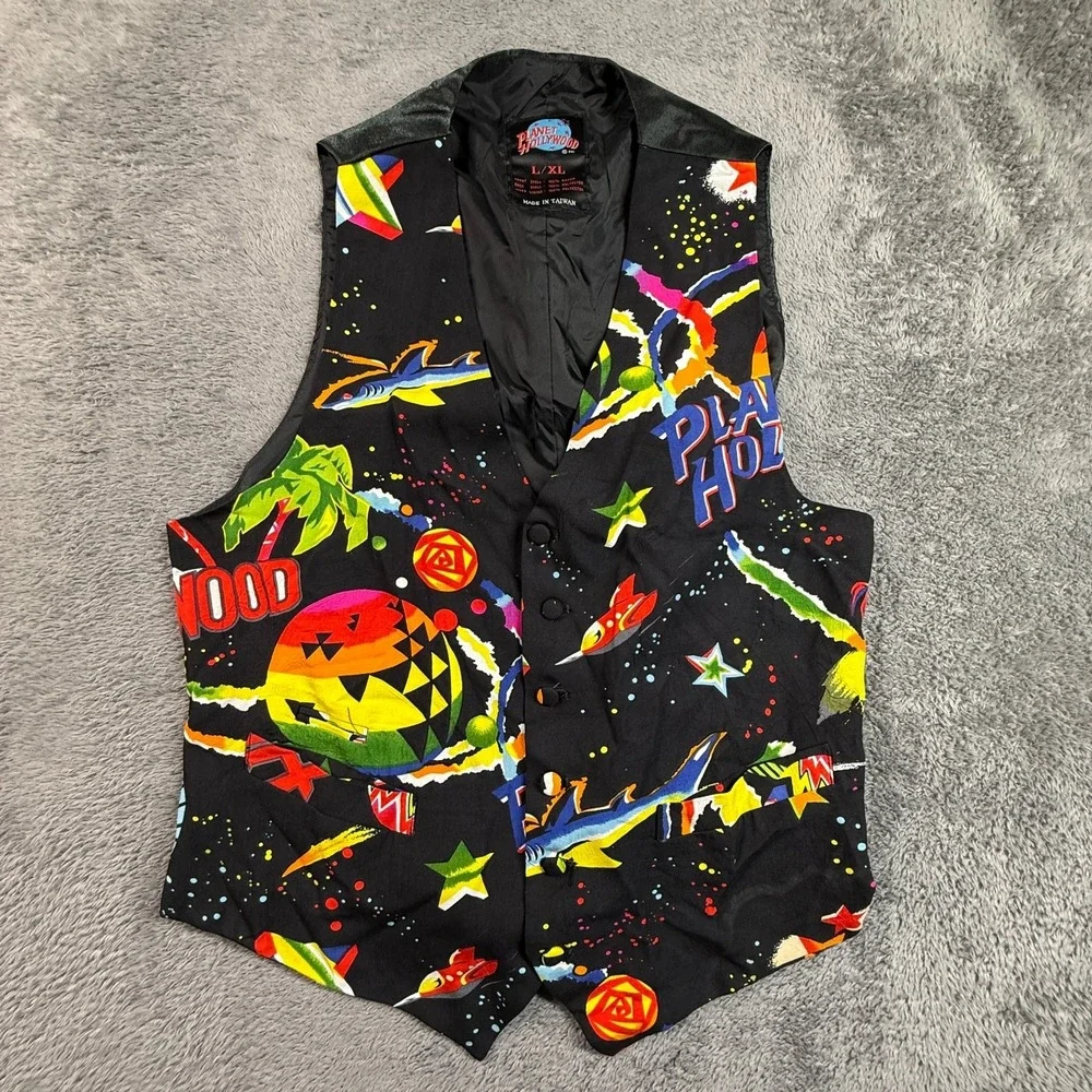 Vintage Planet Hollywood Vest L/XL Black Colorful Graphics 90s Waistcoat - Picture 1 of 7